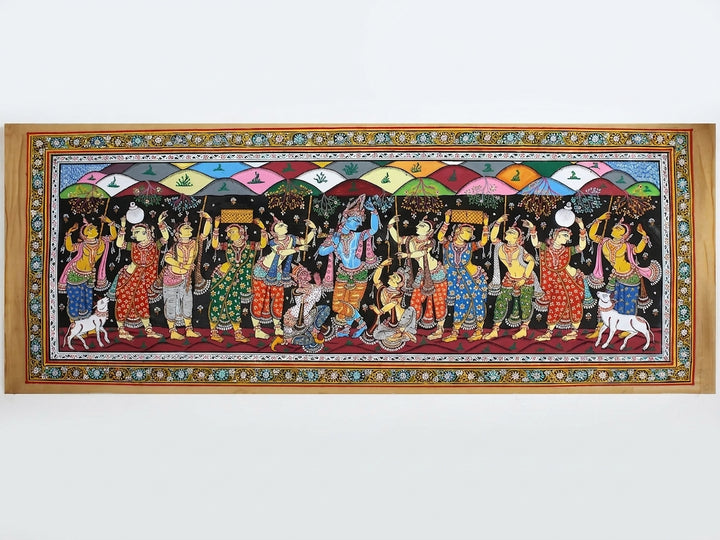 Lord Krishna Lifting Goverdhan Mountain Pattachitra Painting on Cloth by Rabi Behera · view 1