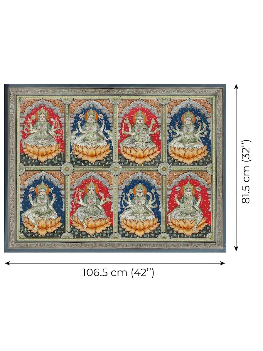 Masterpiece of Ashtalakshmi - Eight Forms of Goddess Lakshmi Painting on Tussar Silk