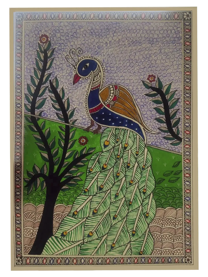 Peacock Sheet, Watercolor Madhubani Painting on Canvas · view 1