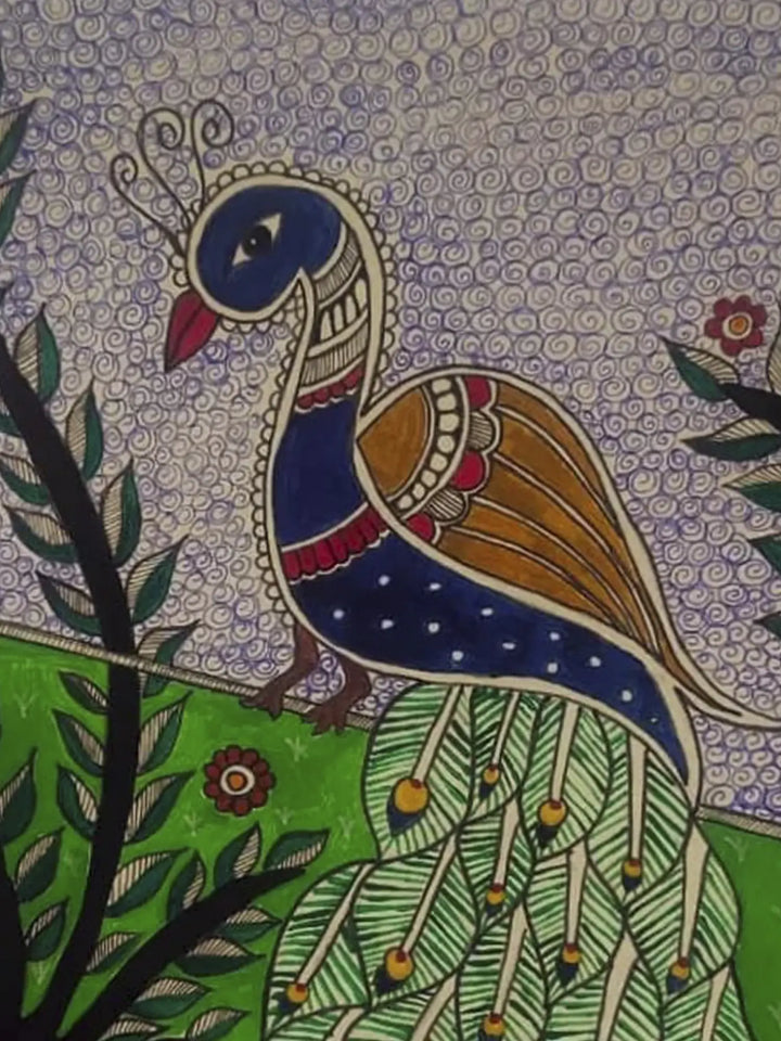 Peacock Sheet, Watercolor Madhubani Painting on Canvas · view 3
