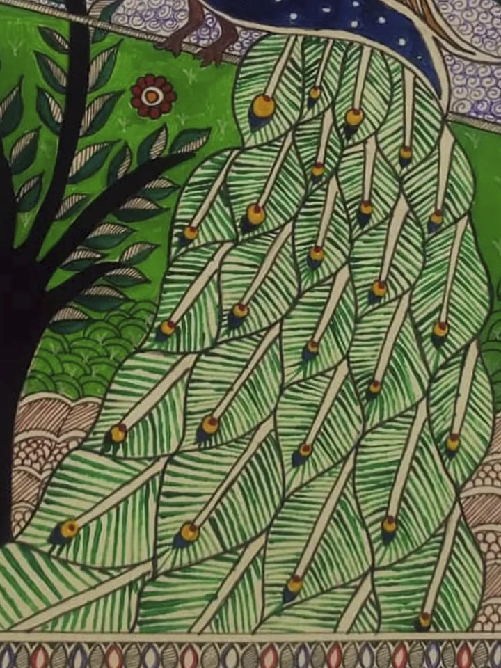 Peacock Sheet, Watercolor Madhubani Painting on Canvas · view 4