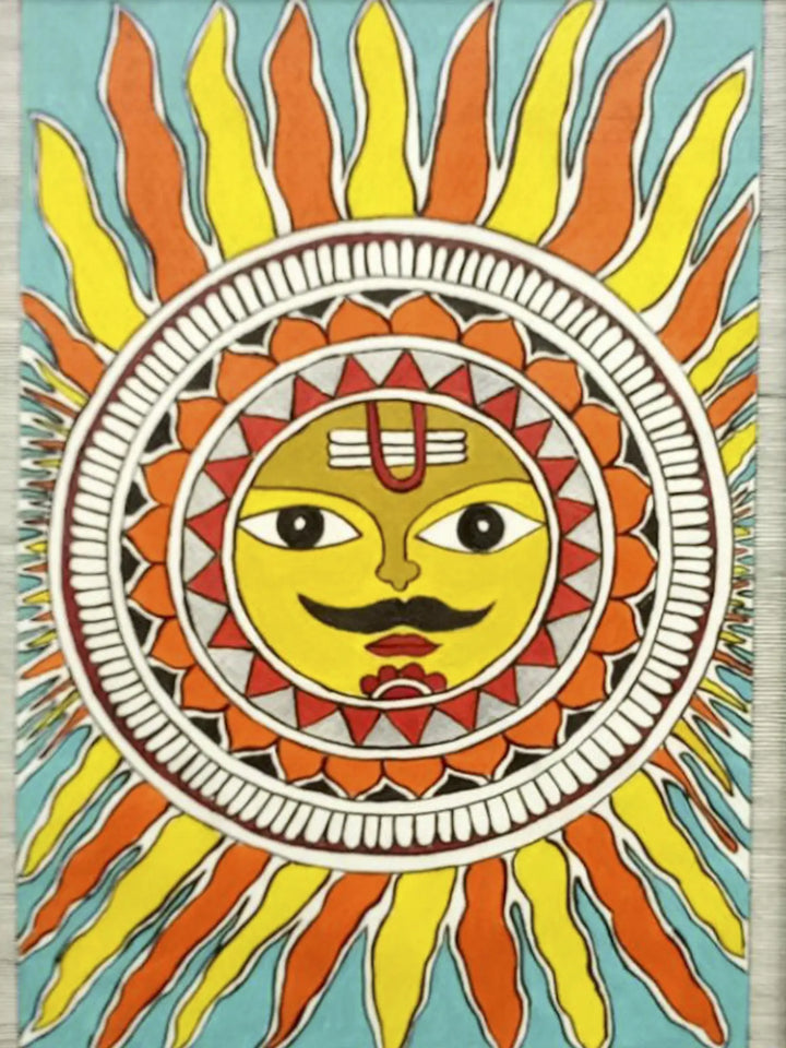 Lord Sun Sheet, Watercolor Madhubani Painting on Canvas · view 2