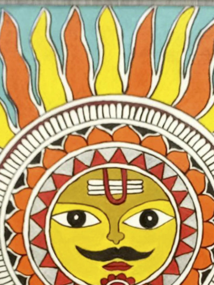 Lord Sun Sheet, Watercolor Madhubani Painting on Canvas · view 3