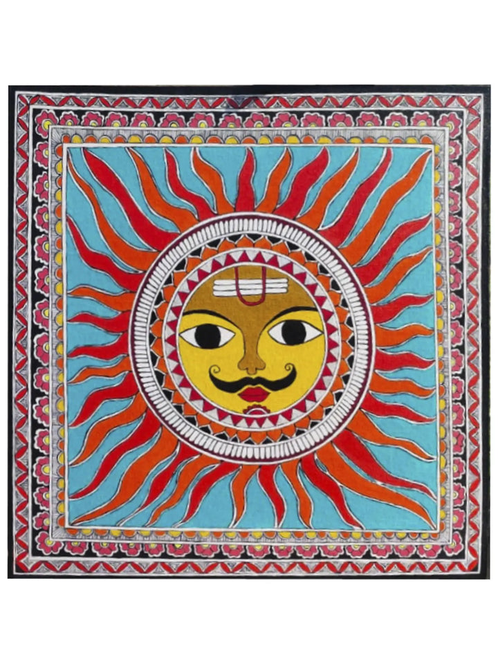 Rays of Lord Sun Sheet, Watercolor Madhubani Painting on Canvas · view 1