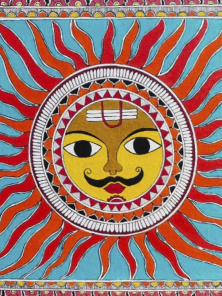 Rays of Lord Sun Sheet, Watercolor Madhubani Painting on Canvas · view 2