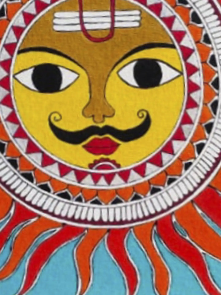 Rays of Lord Sun Sheet, Watercolor Madhubani Painting on Canvas · view 4