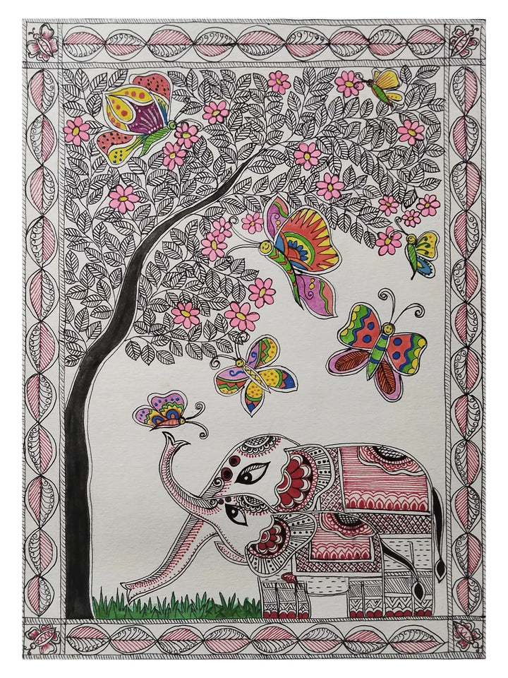 Elephants with Butterflies Madhubani Painting on Paper by Nishu Singh · view 1