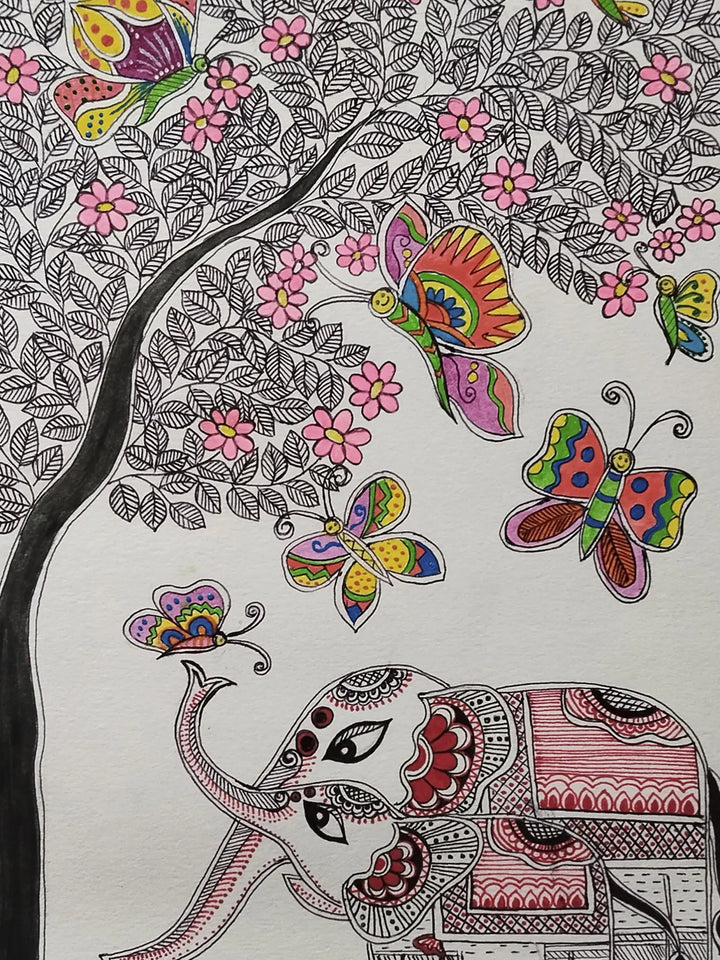 Elephants with Butterflies Madhubani Painting on Paper by Nishu Singh · view 2