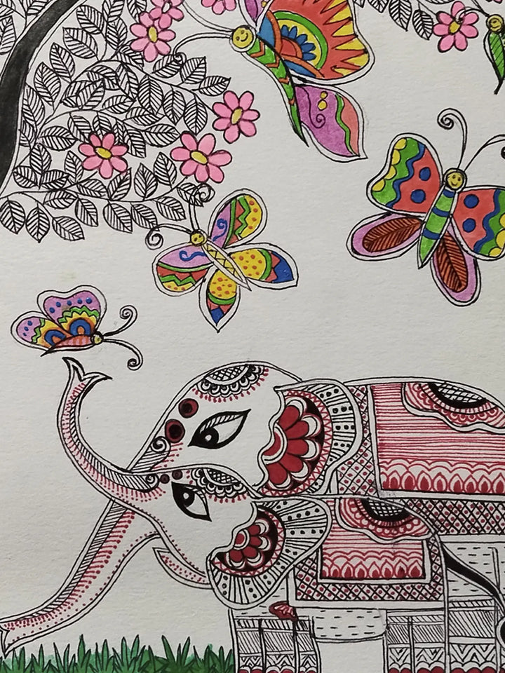 Elephants with Butterflies Madhubani Painting on Paper by Nishu Singh · view 4