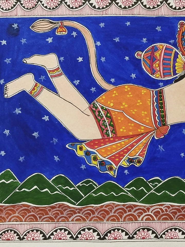Flying Lord Hanuman with Sanjeevani Madhubani Painting on Paper by Nishu Singh · view 4