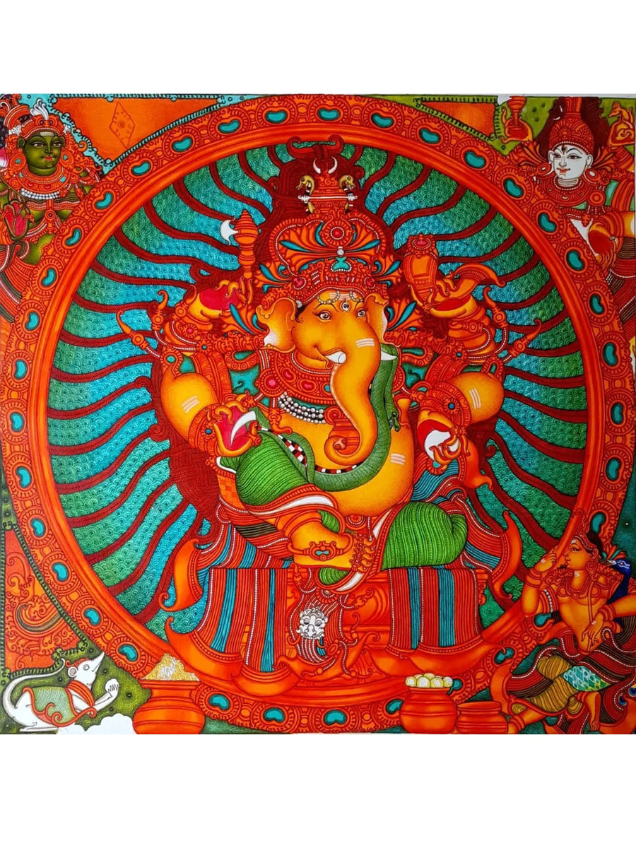 Sitting Bhagawan Ganapati Kerala Mural Painting on Canvas by Vishnu Shreedhar
