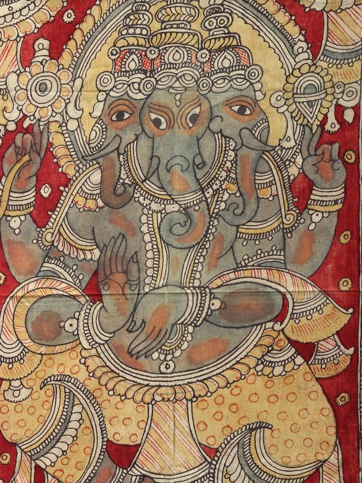 Three Heads Dancing Lord Ganesha Kalamkari Painting on Cotton · view 2