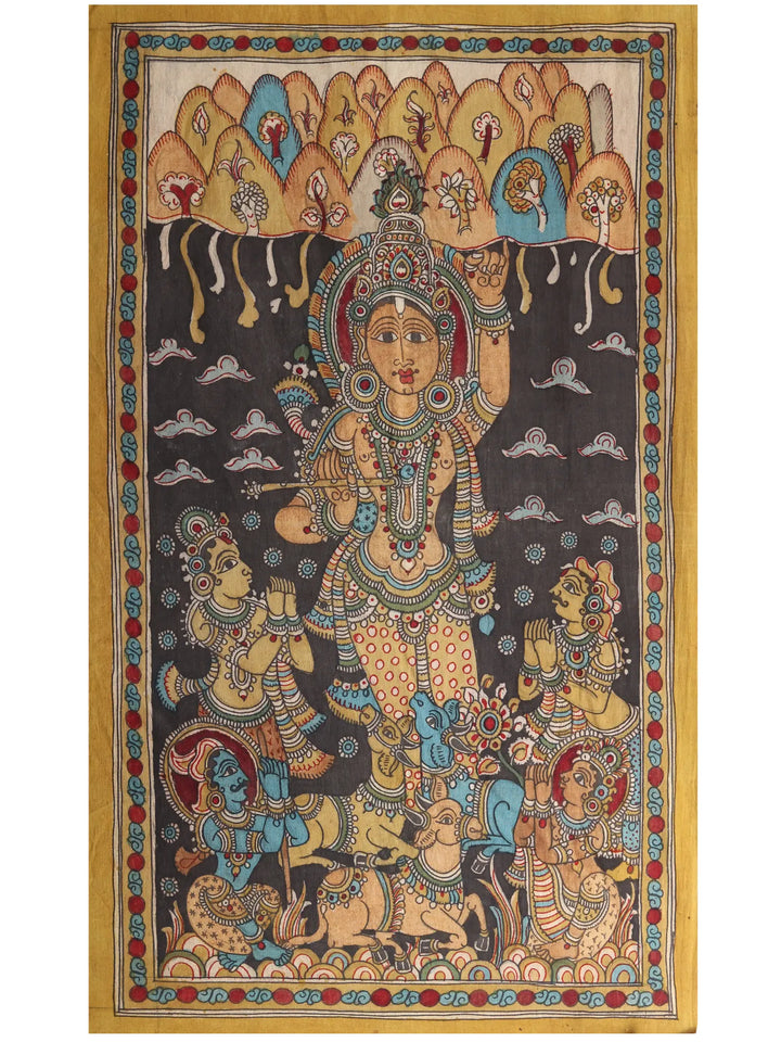 Lord Krishna Lifts Mount Govardhan on His Little Finger Kalamkari Painting on Cotton · view 1
