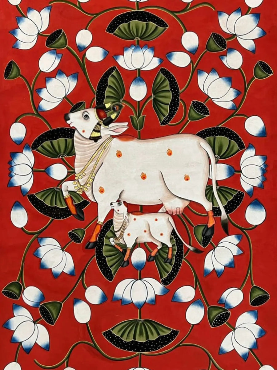 Kamdhenu Cow with Calf Painting on Cloth