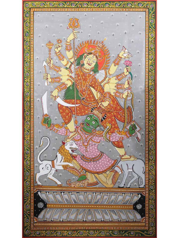 Mahishasur Mardini Durga Painting on Tussar Silk · view 1