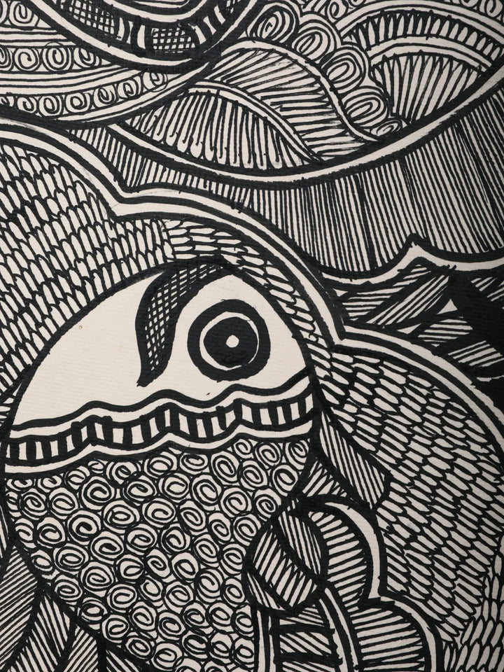 Peacock and Fish Madhubani Painting on Handmade Paper · view 3