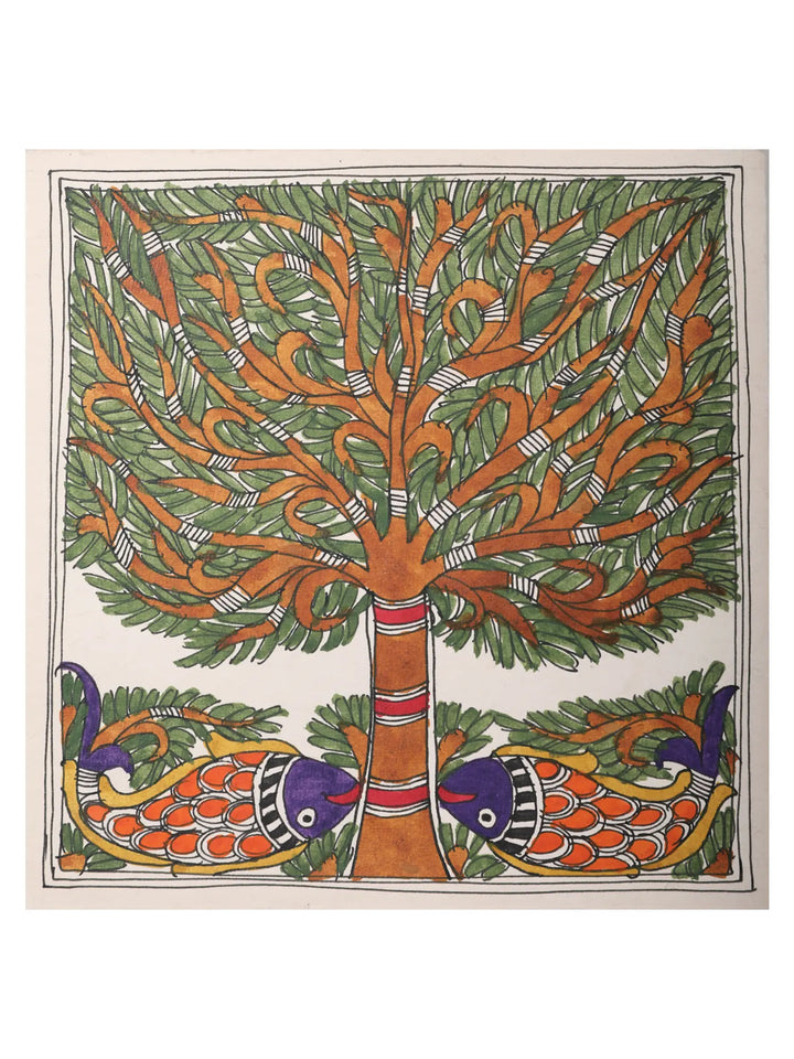 Fish under the Tree Madhubani Painting on Handmade Paper · view 1