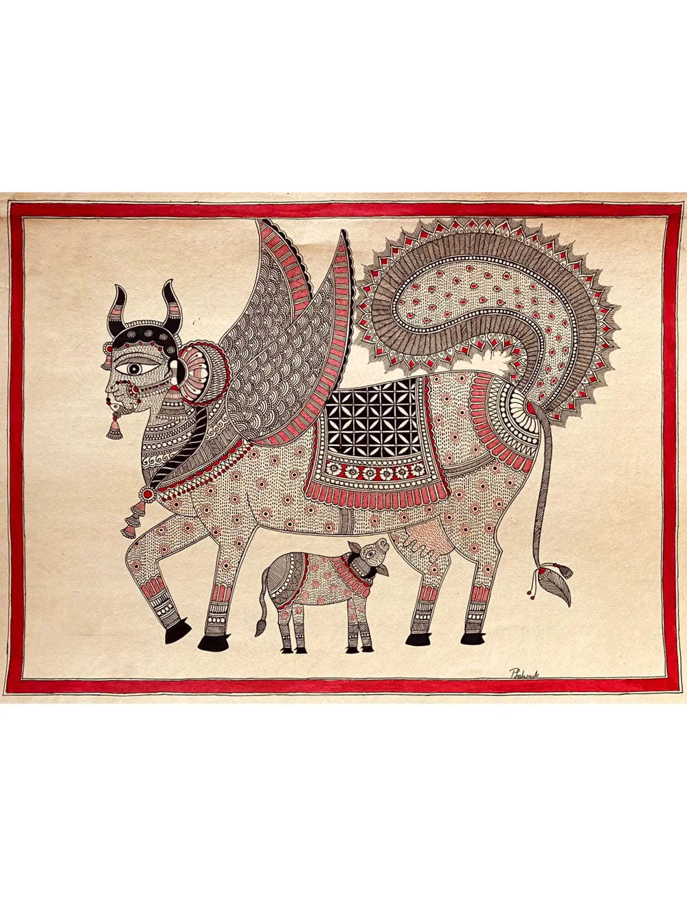 Goddess Kamdhenu And Calf | Waterproof Ink On Handmade Paper | By Priti Dalwadi