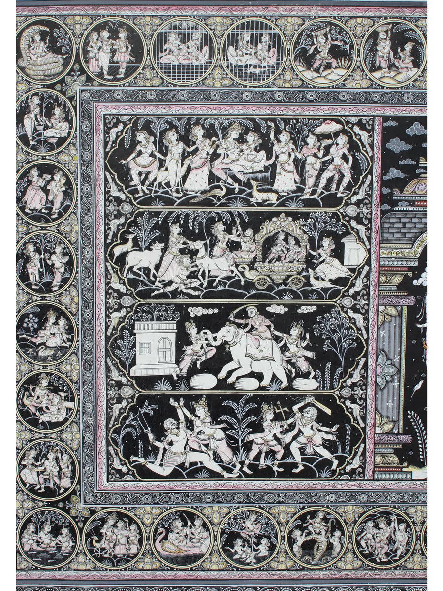Lord Krishna on Pashu Kunjar with His Life Story Pattachitra Painting on Canvas
