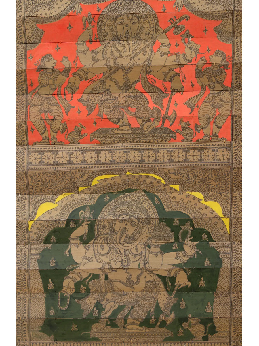 Different Forms of Lord Ganesha with His Life Story Pattachitra Painting on Palm Leaf