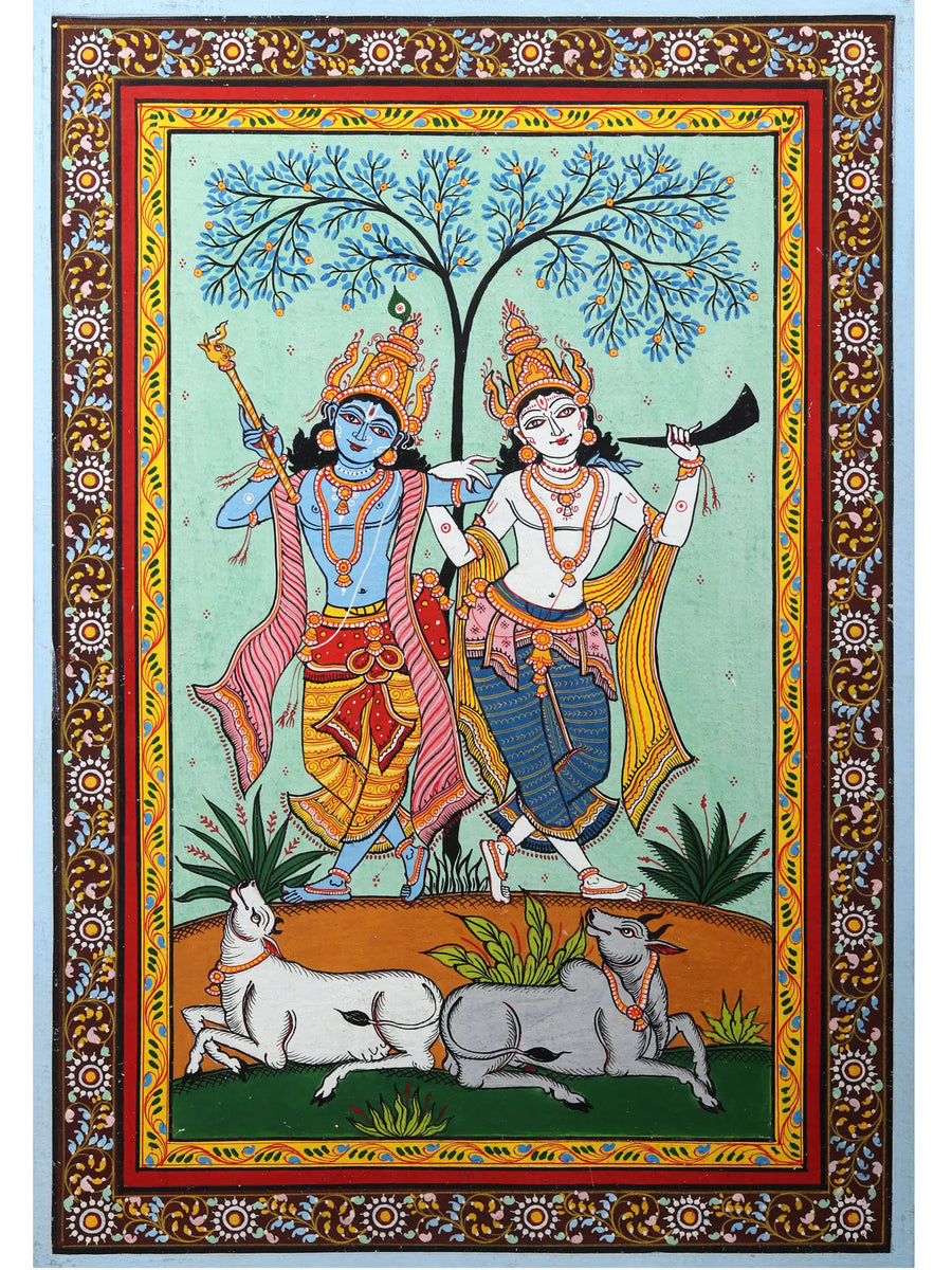 Dancing Lord Krishna with Brother Balaram Pattachitra Painting on Canvas