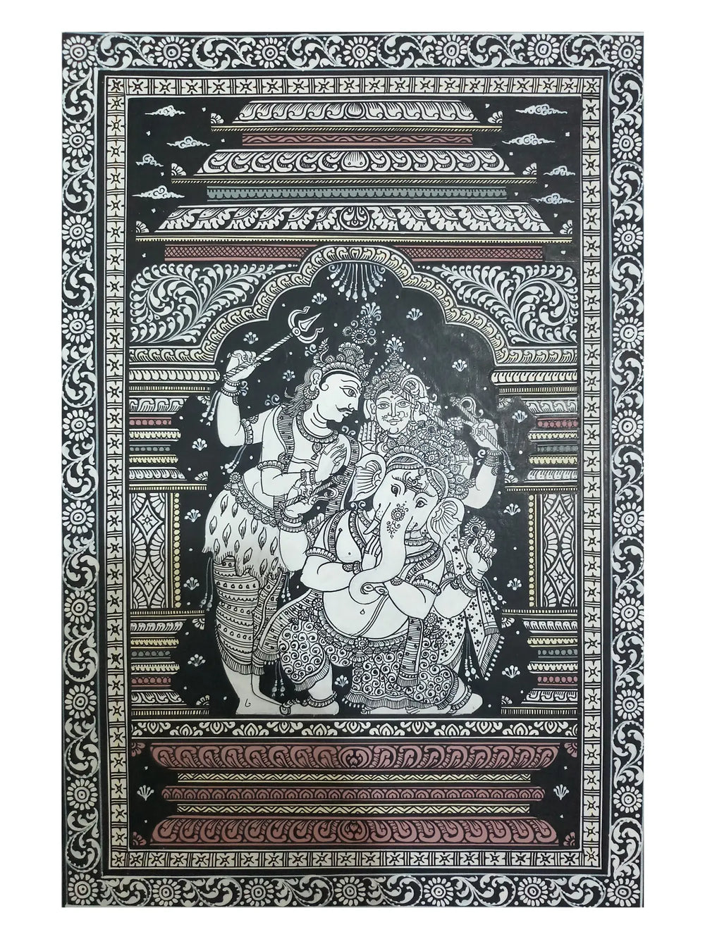 Lord Ganesha With Shiva And Parvati | Watercolor On Handmade Sheet | By Jayadev Moharana