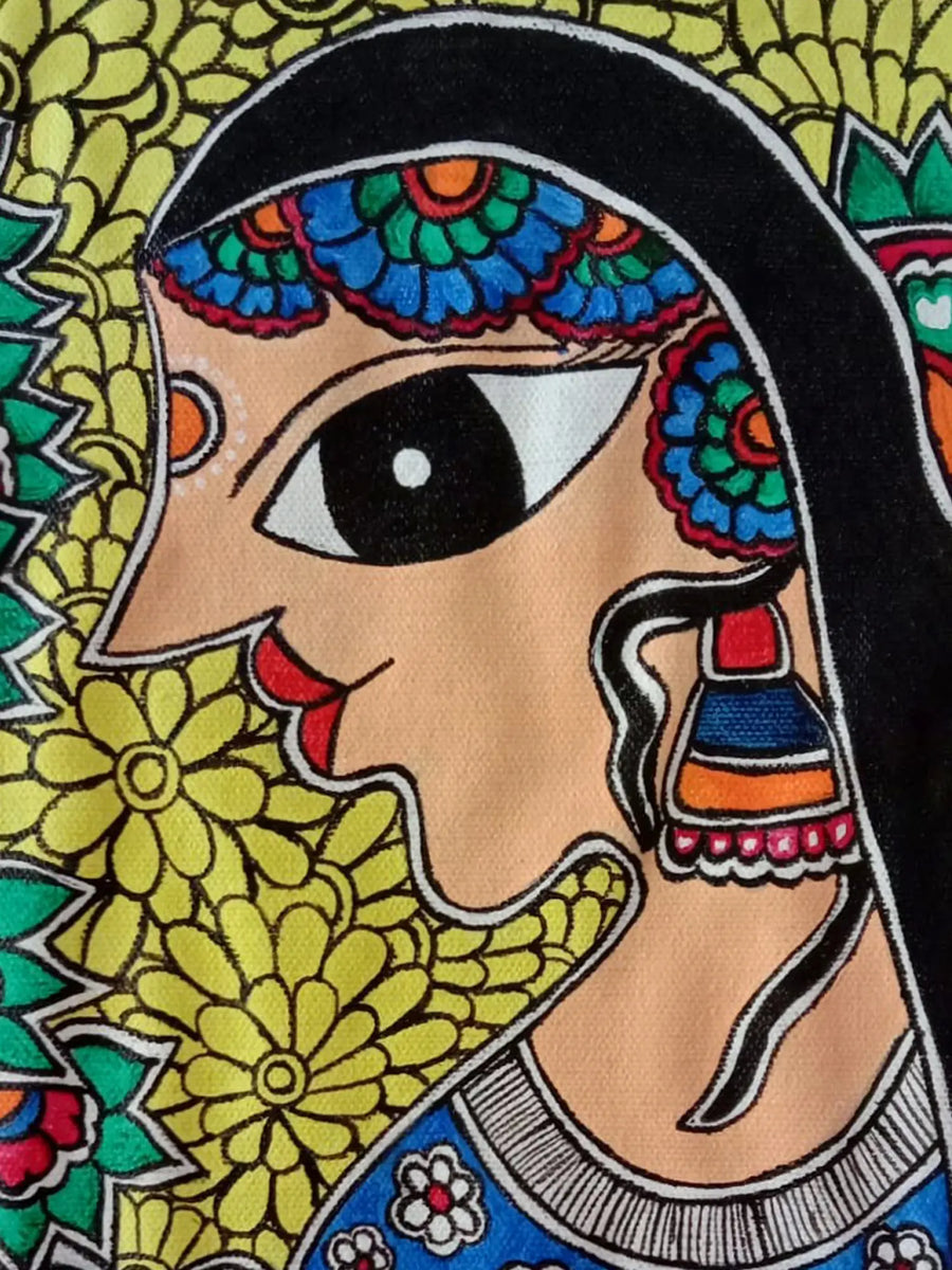 Woman and Fishes Madhubani Painting on Canvas