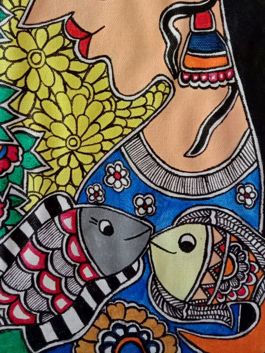 Woman and Fishes Madhubani Painting on Canvas