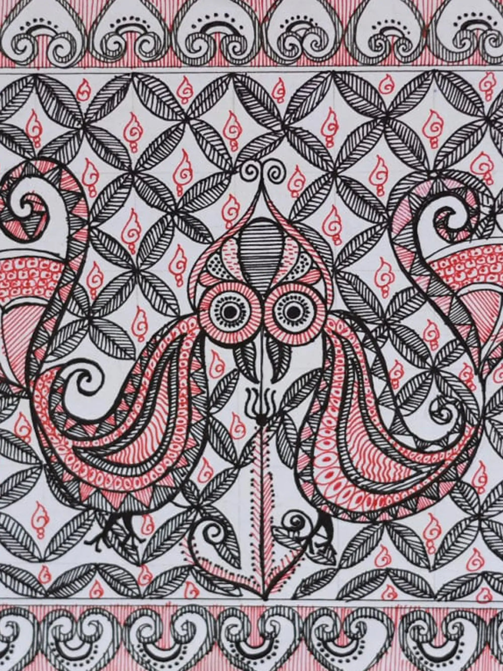Pair of Peacock in Madhubani Style | Pen on Handmade Paper | By Pooja Jha
