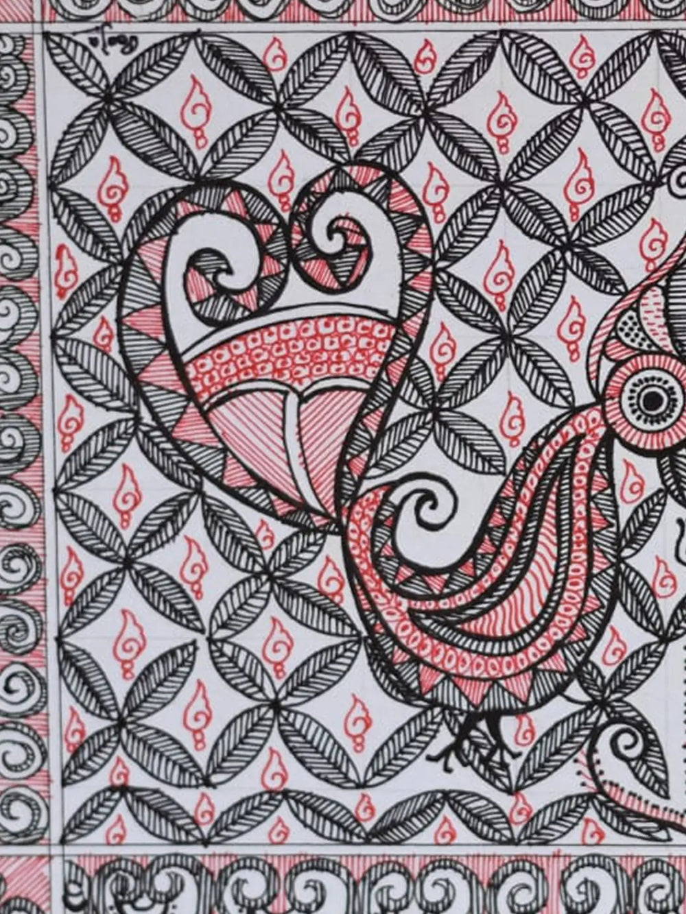 Pair of Peacock in Madhubani Style | Pen on Handmade Paper | By Pooja Jha
