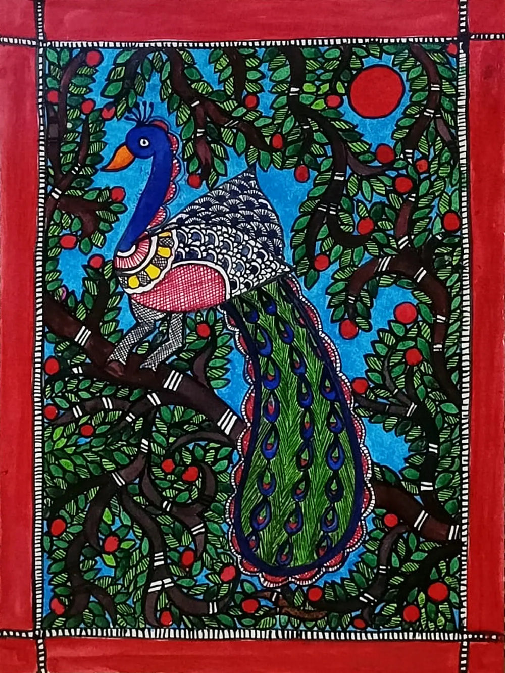 Beautiful Peacock On Branch | Cow Duck Coated On Ivory Sheet | By Ruchi Agnihotri