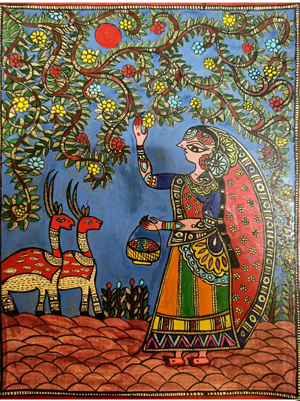 Lady Plucking Flowers | Cow Duck Coated On Ivory Sheet | By Ruchi Agnihotri