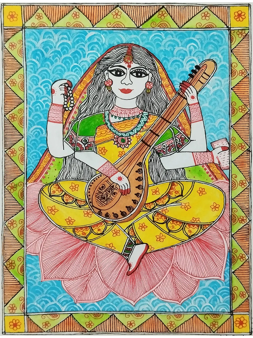 Maa Saraswati Madhubani Painting | Acrylic On Paper | By Nishu Singh