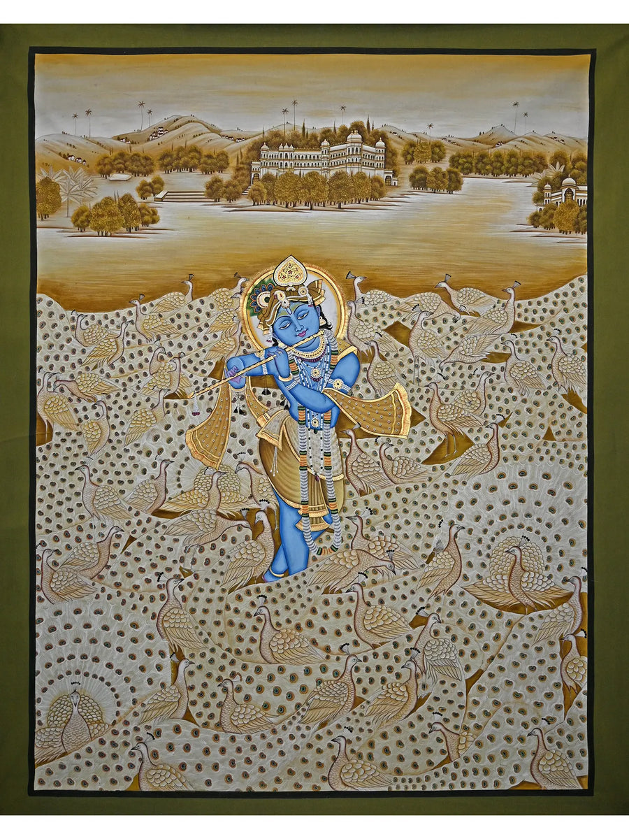 The Fluting Krishna with Peacocks Pichwai Painting on Cotton
