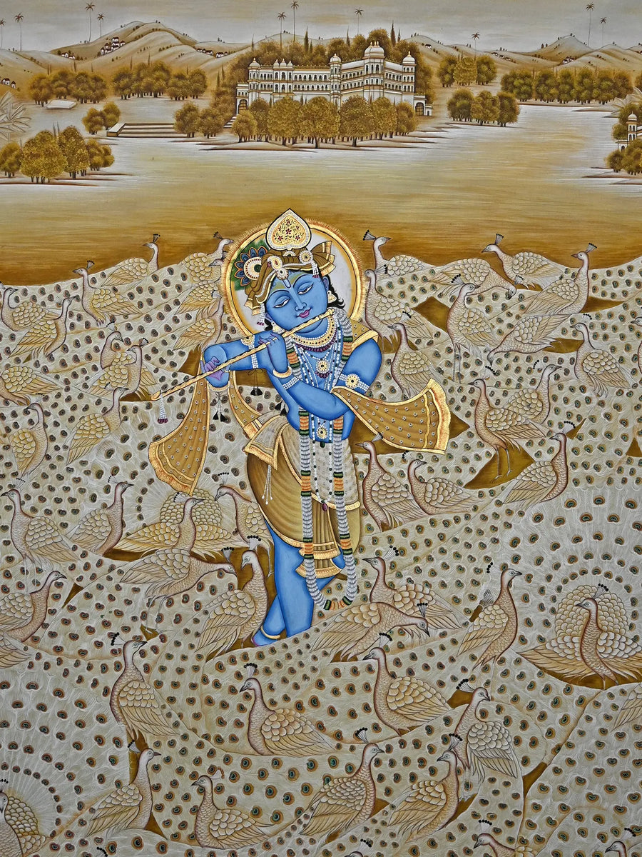 The Fluting Krishna with Peacocks Pichwai Painting on Cotton