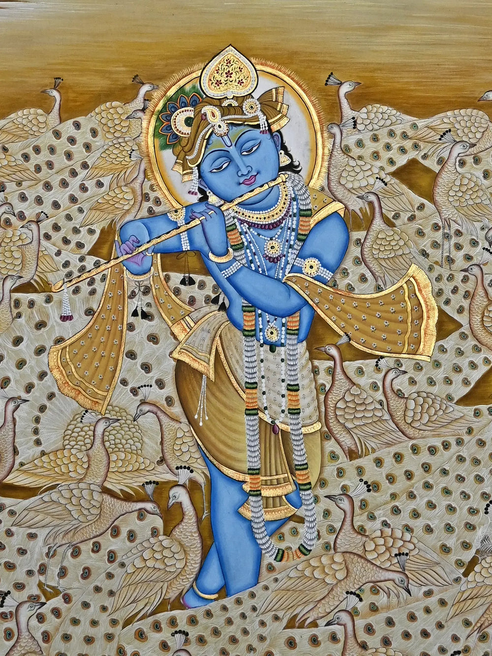 The Fluting Krishna With Peacocks | Pichwai Painting | Stone Color On Cotton Cloth | By Narendra Kumar