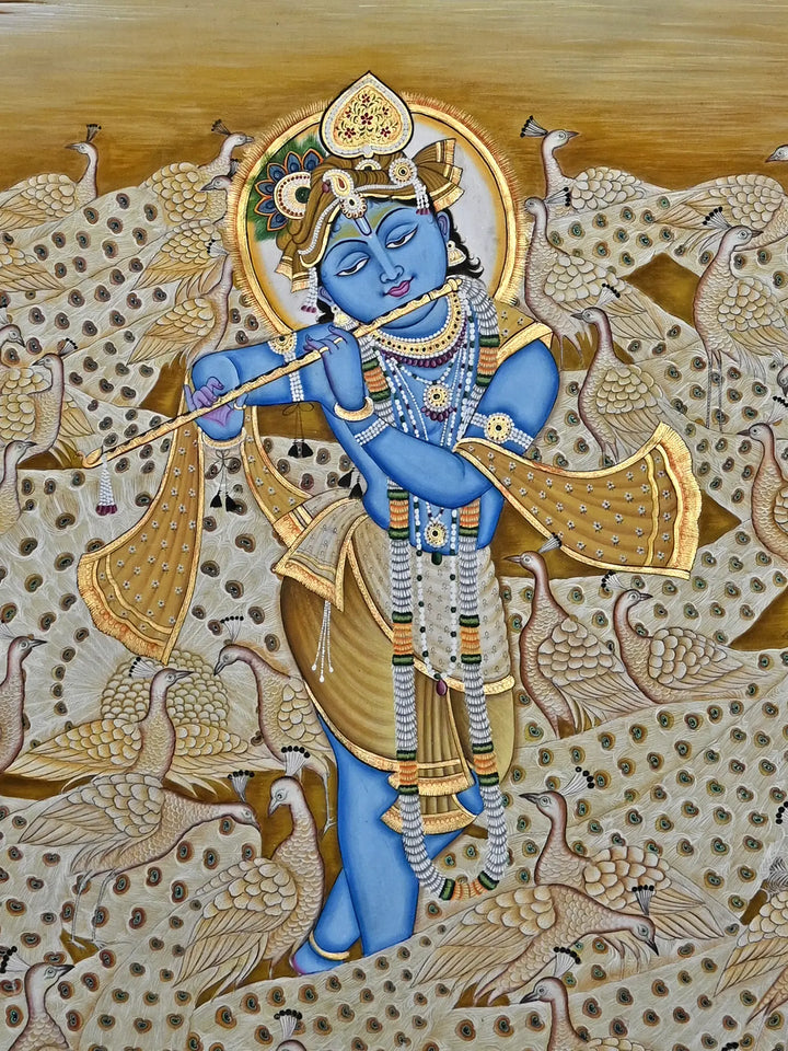 The Fluting Krishna with Peacocks Pichwai Painting on Cotton · view 3