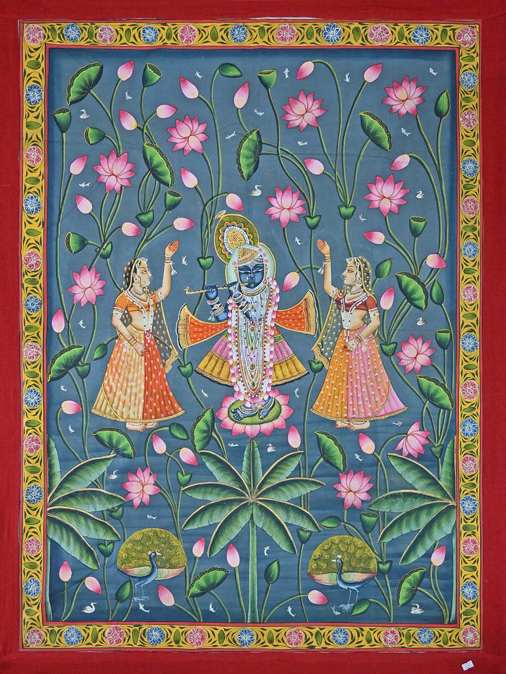 Shrinathji with Gopis in Kamal Talai Pichwai Painting on Cotton · view 1