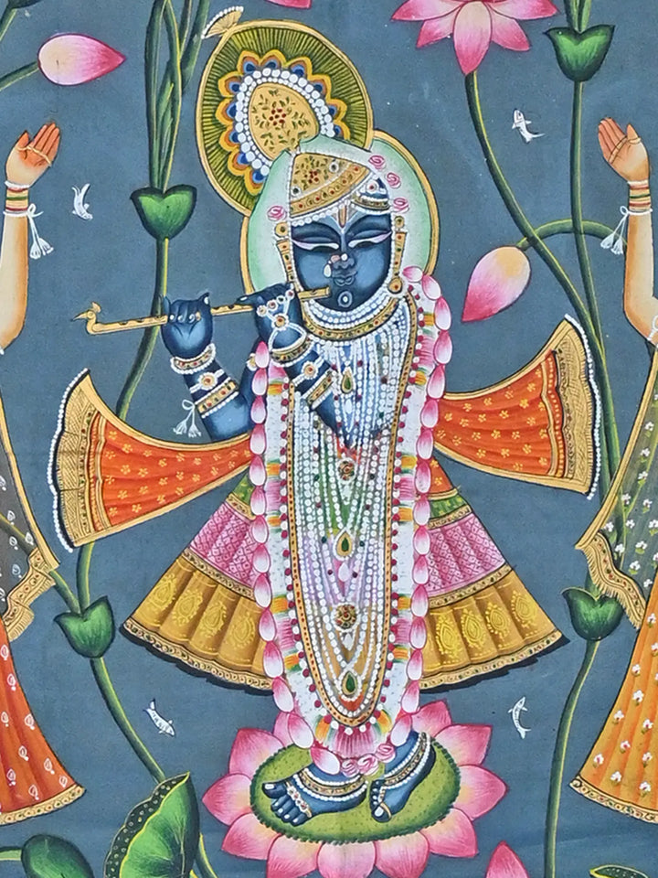 Shrinathji with Gopis in Kamal Talai Pichwai Painting on Cotton · view 4