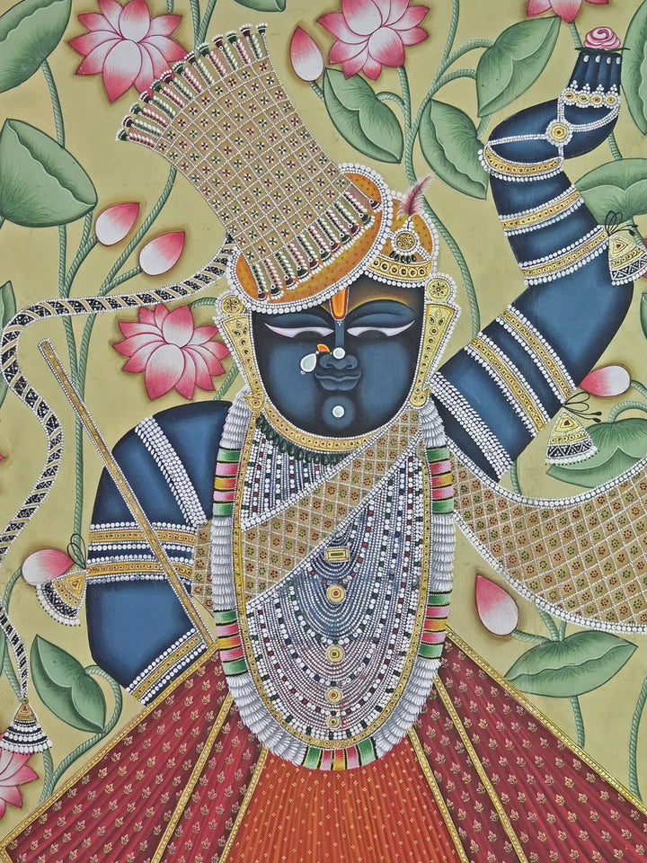 Standing Shrinathji with Kamal Talai Pichwai Painting on Cotton · view 3