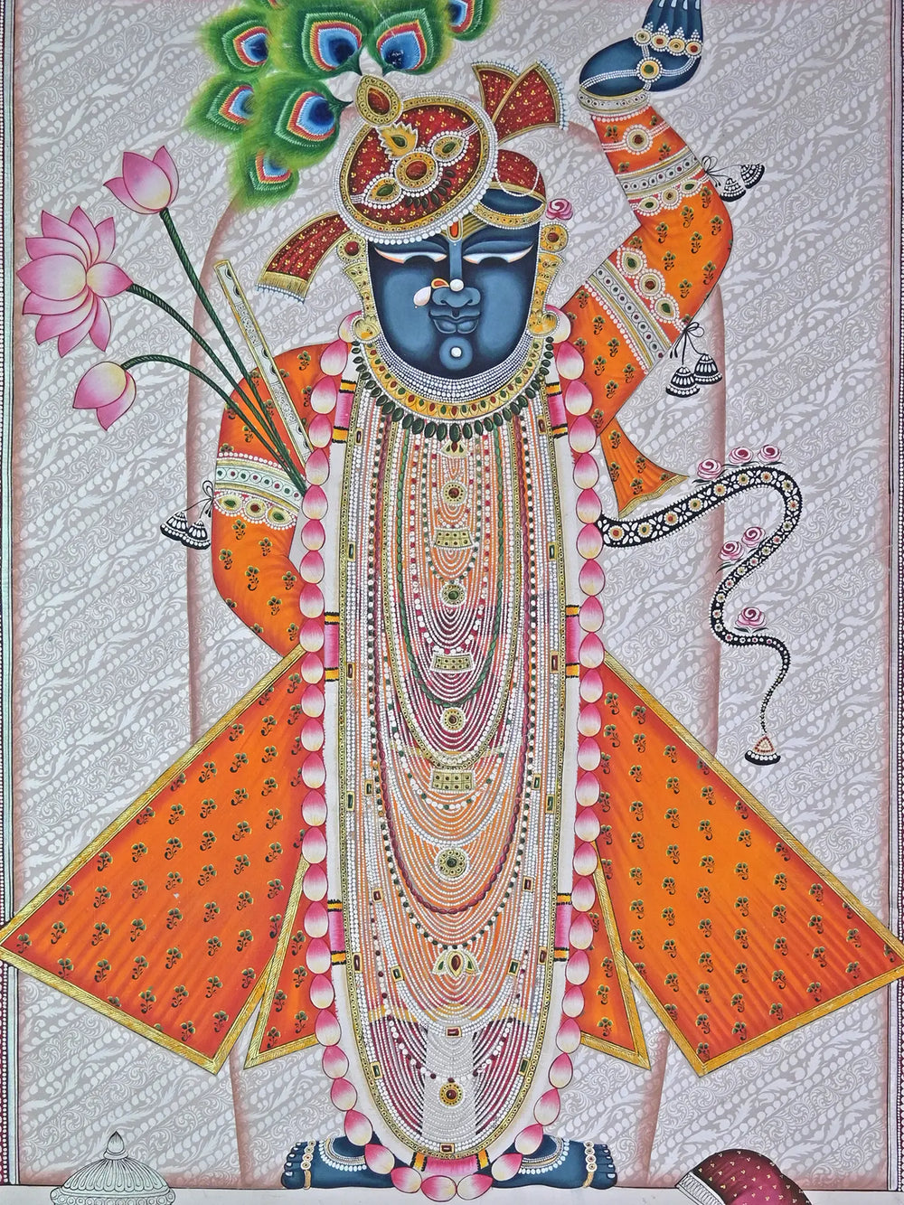 Shrinathji With Flute And Lotus | Pichwai Painting | Stone Color On Cotton Cloth | By Narendra Kumar