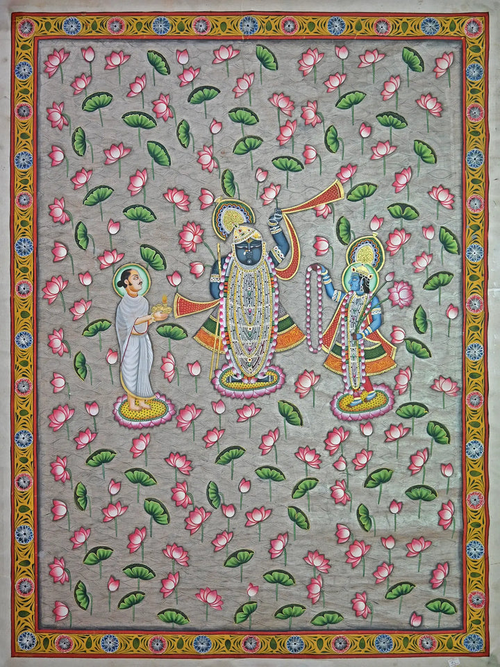 Divine Shrinathji with Saint and Lord Krishna Pichwai Painting on Cotton · view 1
