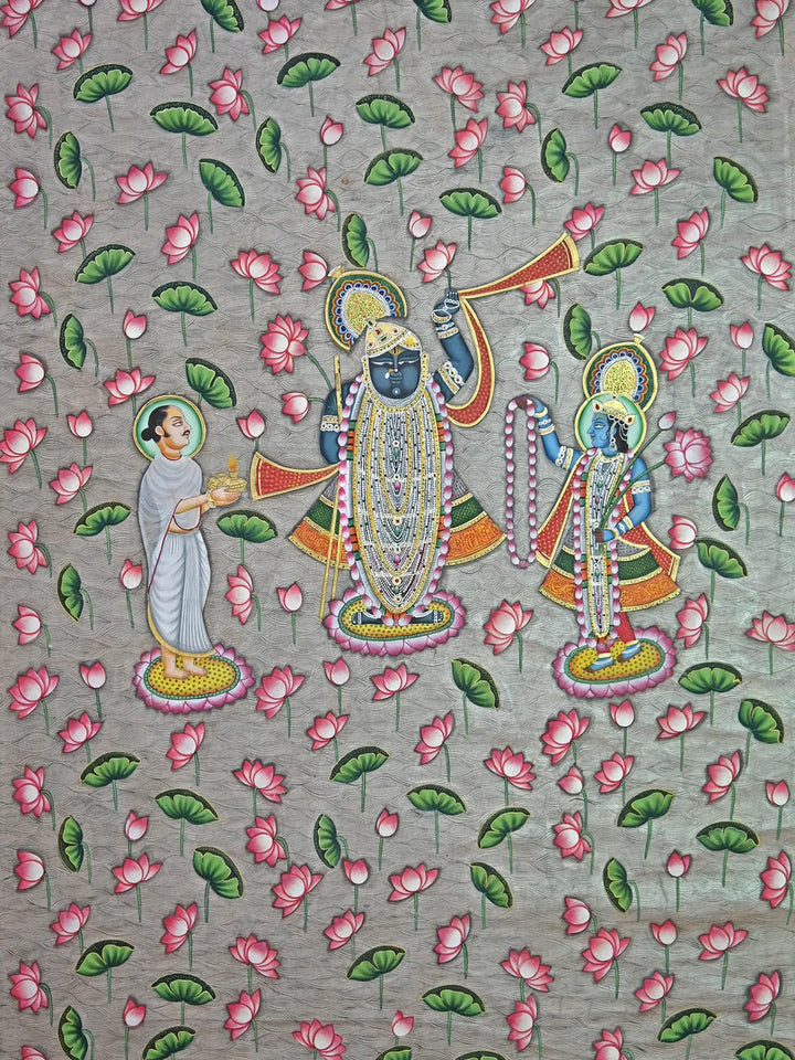 Divine Shrinathji with Saint and Lord Krishna Pichwai Painting on Cotton · view 2