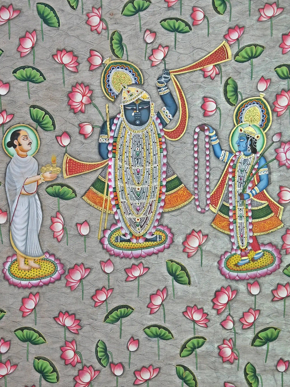 Divine Shrinathji With Saint And Lord Krishna | Pichwai Painting | Stone Color On Cotton Cloth | By Narendra Kumar