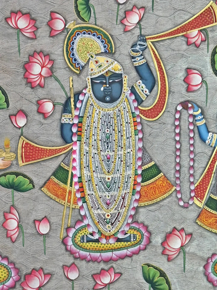 Divine Shrinathji with Saint and Lord Krishna Pichwai Painting on Cotton · view 4
