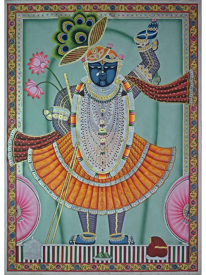Lord Krishna as Shrinathji Pichwai Painting on Cotton · view 1