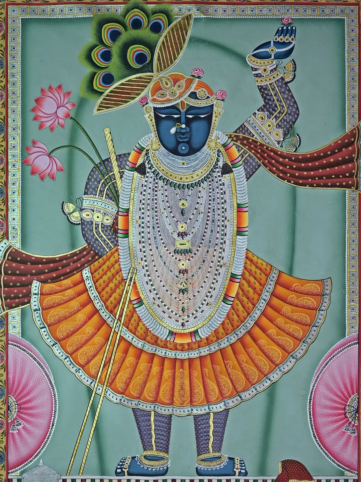Lord Krishna as Shrinathji Pichwai Painting on Cotton · view 2