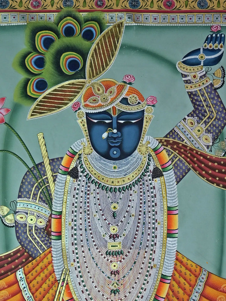 Lord Krishna as Shrinathji Pichwai Painting on Cotton · view 3