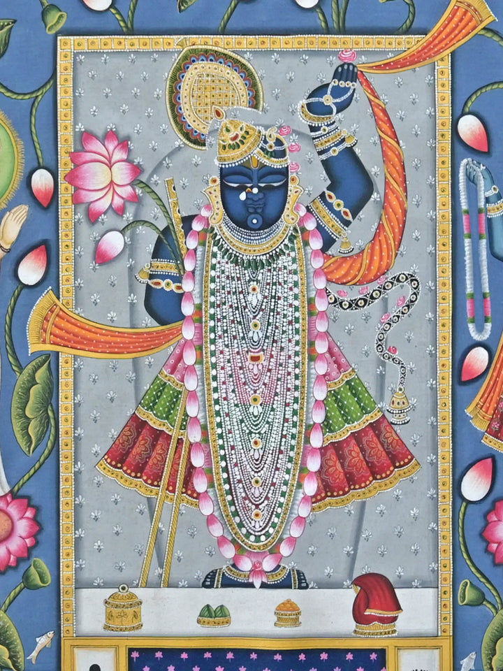 ShrnathJi with Yamuna Ji and Mahaparbhu Ji Pichwai Painting on Cotton · view 3