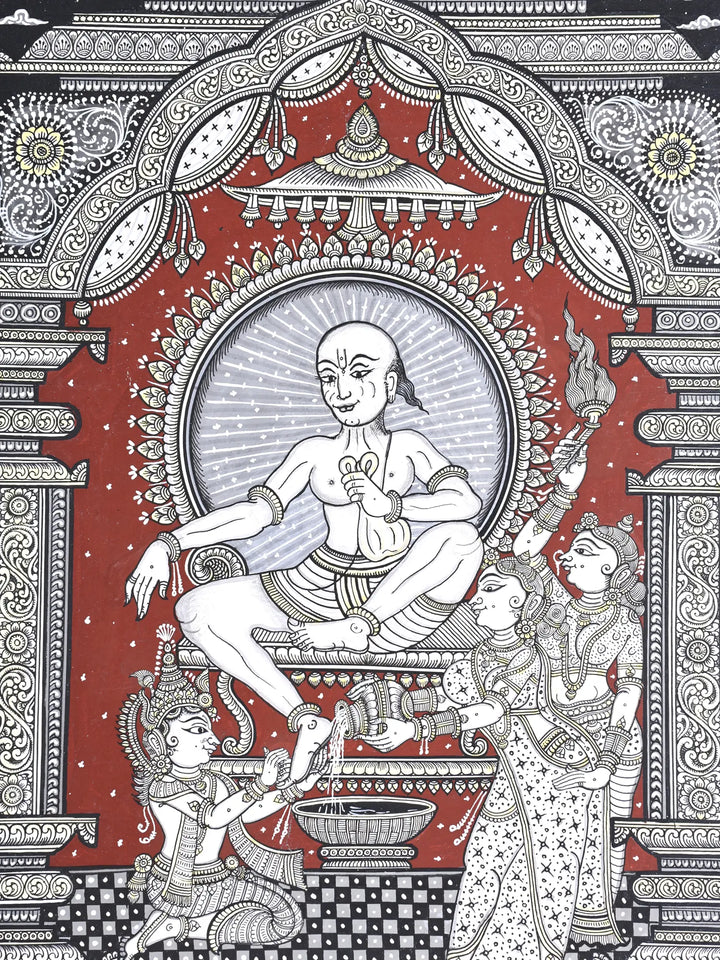 Lord Krishna Washing Sudama's Feet as a Sign of Their Deep Friendship Pattachitra Painting on Canvas · view 2